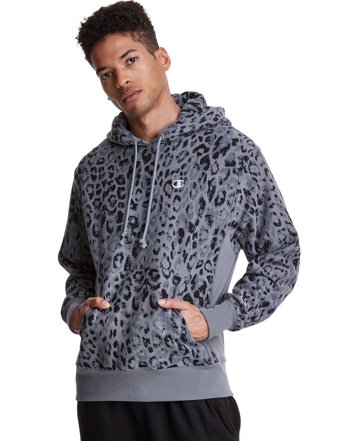 Champion Reverse Weave All Over Print Erkek Kapşonlu Sweatshirt Koyu Gri ( KLEMWO485 )